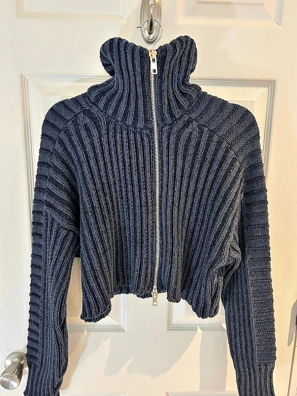 BDG Ribbed Full-Zip Mock Neck Sweater Blue Small